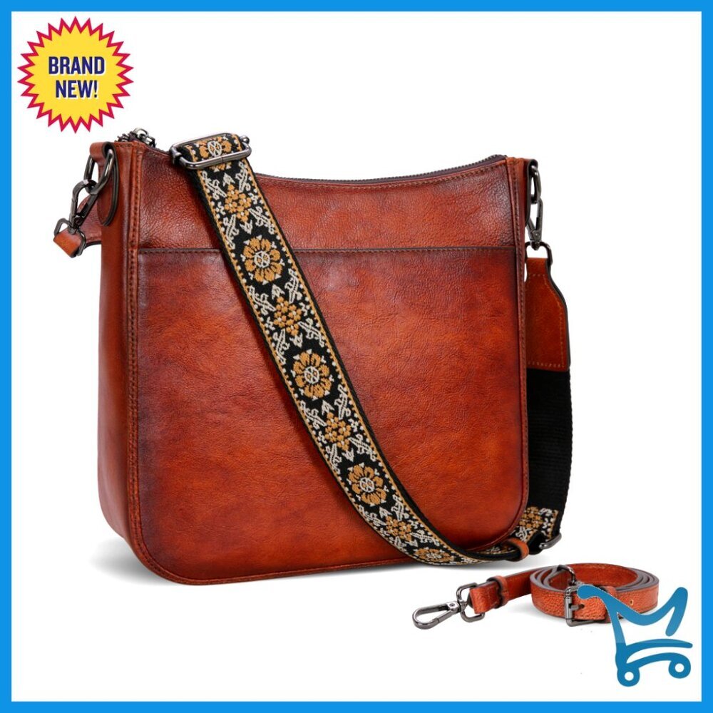 Genuine Leather Crossbody Bag with Guitar Strap, Multi-Pocket Hobo Purse
